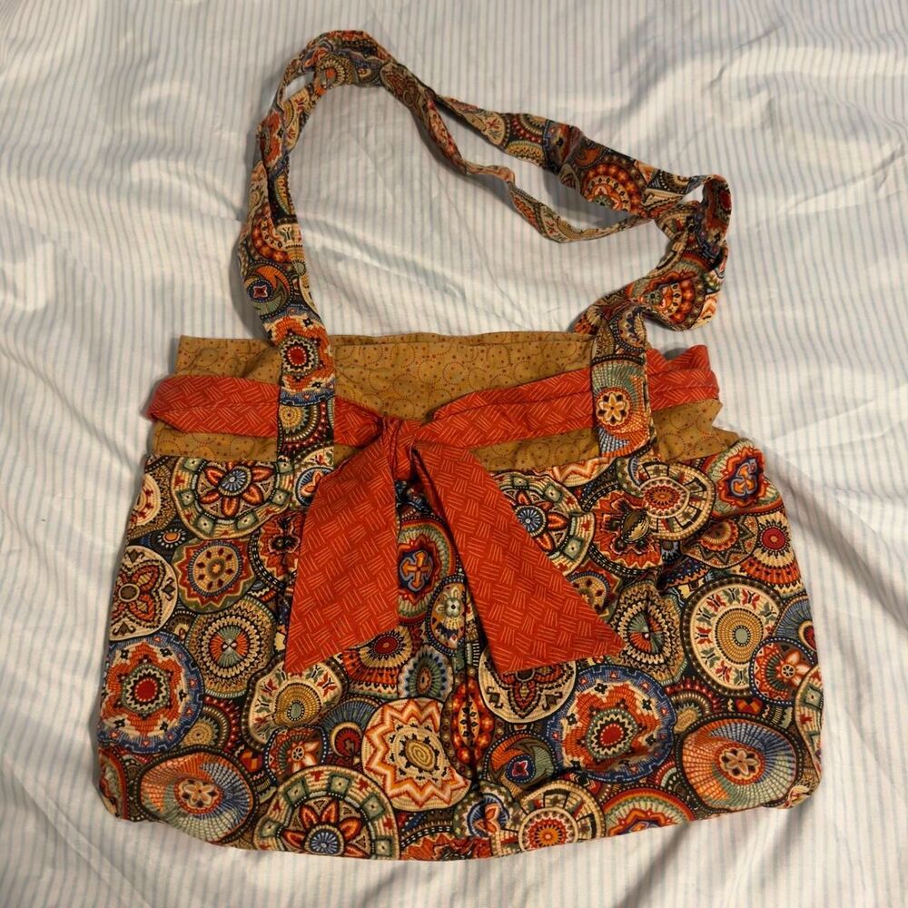Fabric Tote Bag Purse with Orange and Multi-Color Mandala Pattern #boho #cork